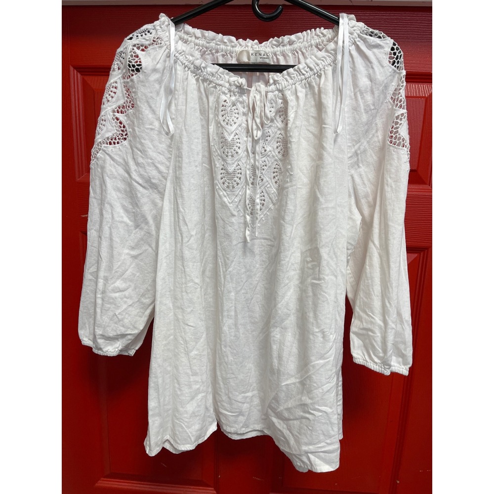 Kenar Woman White Cotton Peasant Blouse Crochet Lace Embroidery Plus Size 3X